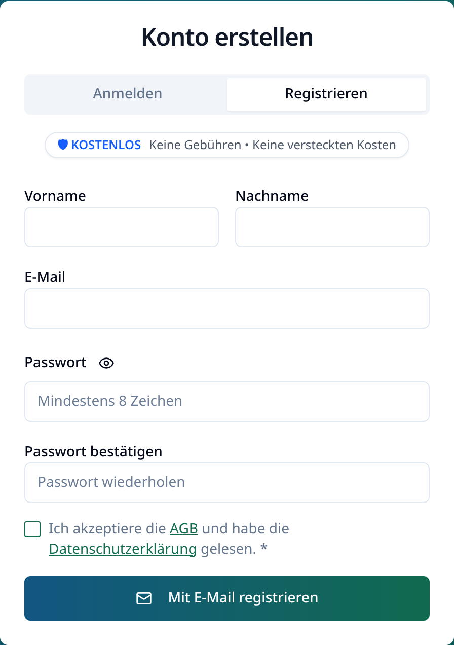 Registrierungsformular von immoflow mit Feldern für Name, E-Mail und Passwort