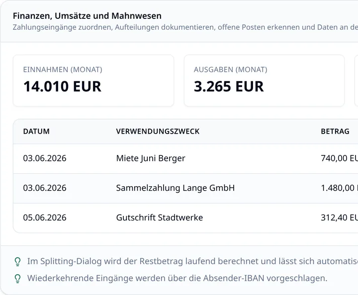 immoflow Finanzansicht mit Einnahmen, Ausgaben und zugeordneten Mietzahlungen (Beispieldaten)