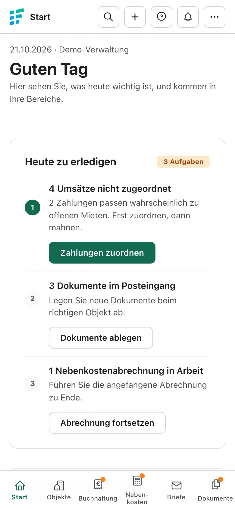Start-Ansicht von immoflow auf dem Smartphone (Beispieldaten)