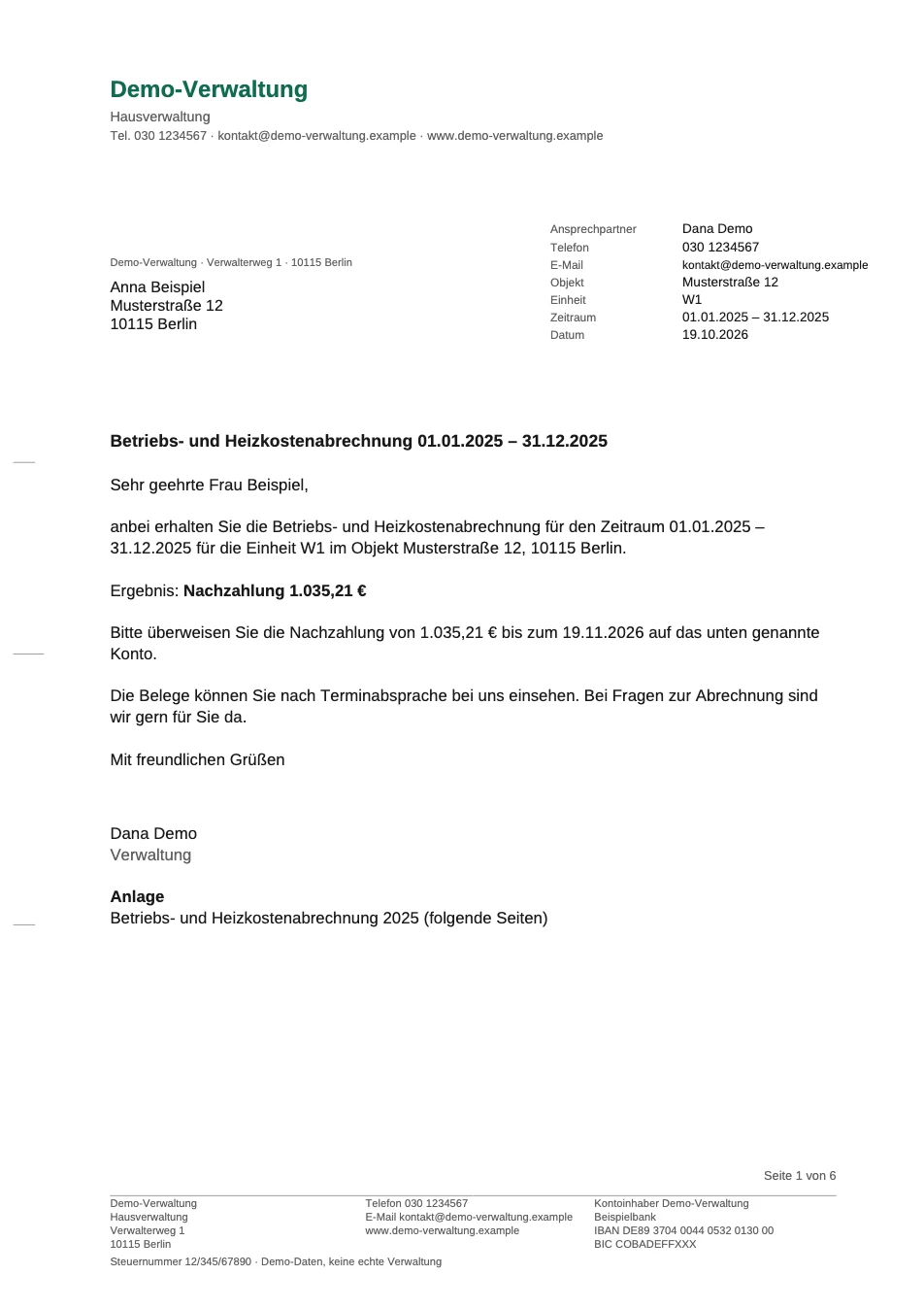 Seite 1 einer Beispiel-Abrechnung: Anschreiben nach DIN 5008 mit Ergebnis „Nachzahlung 1.035,21 €“ und Zahlungsziel (Demo-Daten)